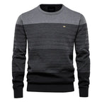 Men's Knitted Crew Neck Jumper – Long Sleeve Striped Sweater with Ribbed Cuffs and Hem
