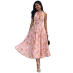 Women's Floral Halter Midi Dress With Open Back