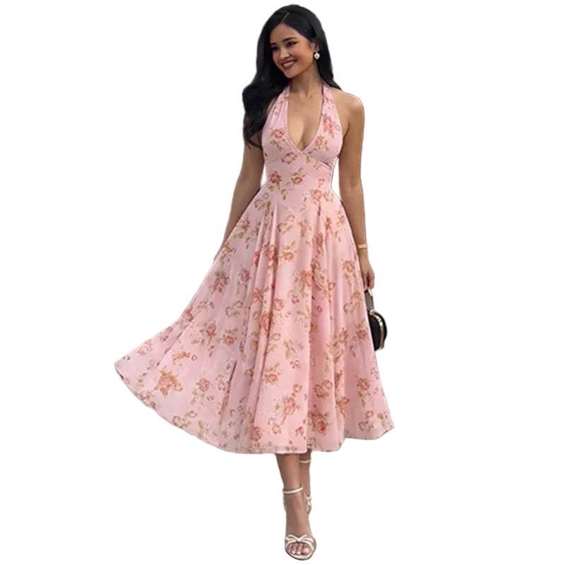 Women's Floral Halter Midi Dress With Open Back Main image