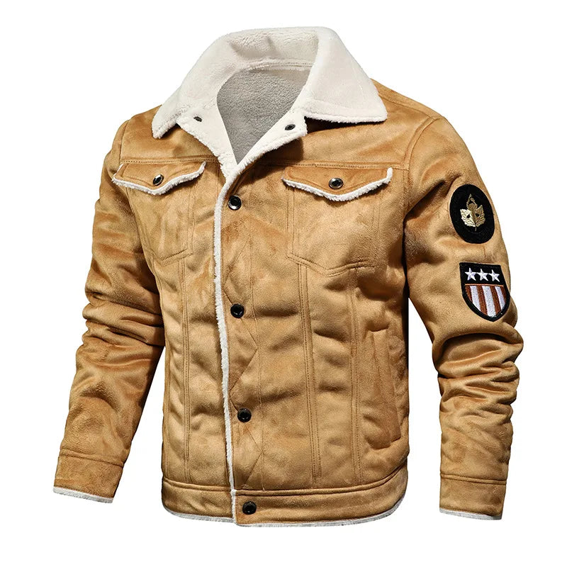 Men's Lined Jacket with Shearling Collar – Long Sleeve Button Front Winter Outerwear