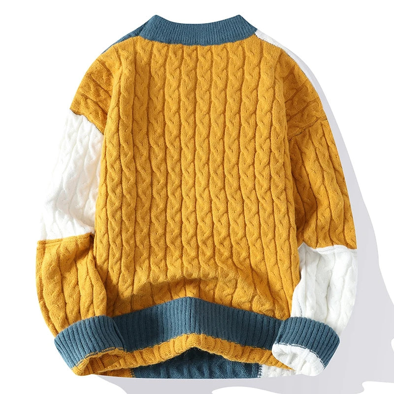 Men's Patchwork Knit Jumper with Cable Knit Panels