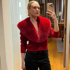 Women's Knitted Cardigan with Oversized Furry Collar – Long Sleeve Button Front Sweater