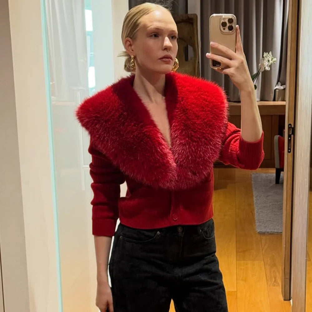 Women's Knitted Cardigan with Oversized Furry Collar – Long Sleeve Button Front Sweater