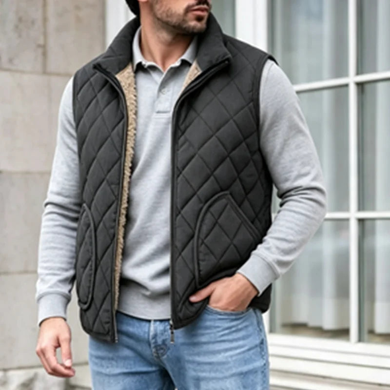 Men's Quilted Jacket – Long Sleeve Zip Front with Stand Collar and Pockets