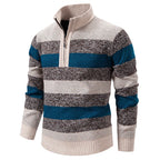 Men's Knitted Striped Quarter-Zip Jumper – Long Sleeve High Neck Pullover