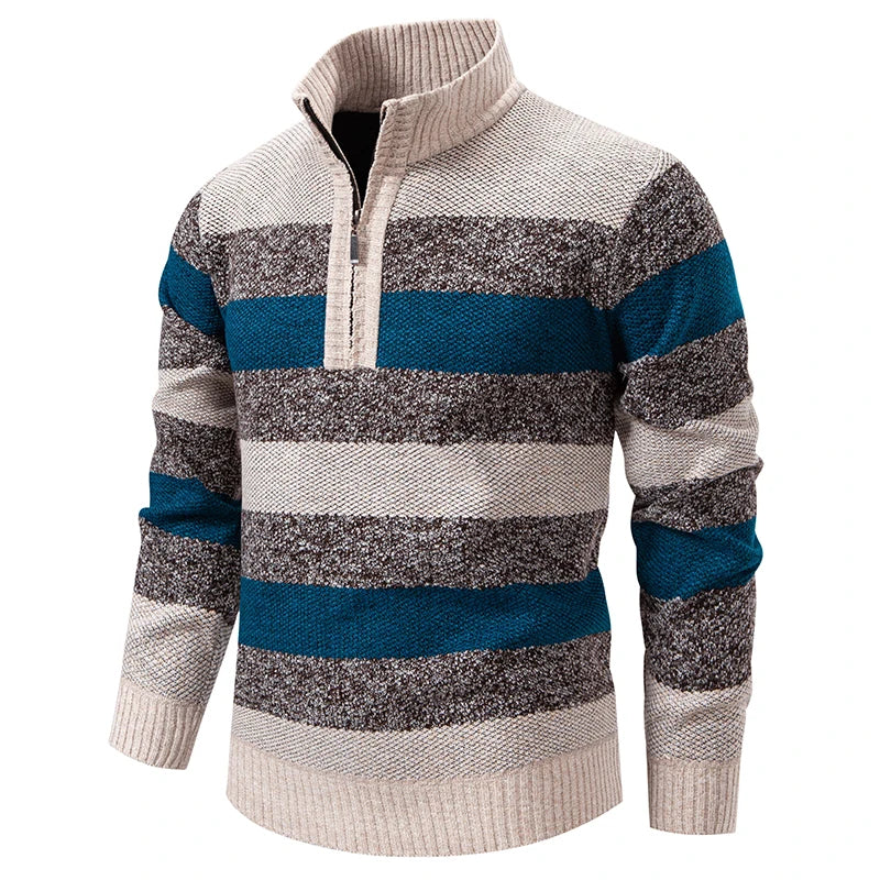 Men's Knitted Striped Quarter-Zip Jumper – Long Sleeve High Neck Pullover