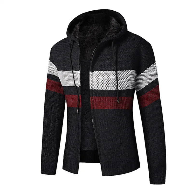 Men's Knitted Zip Up Hoodie – Long Sleeve Hooded Jumper with Stripe Detail