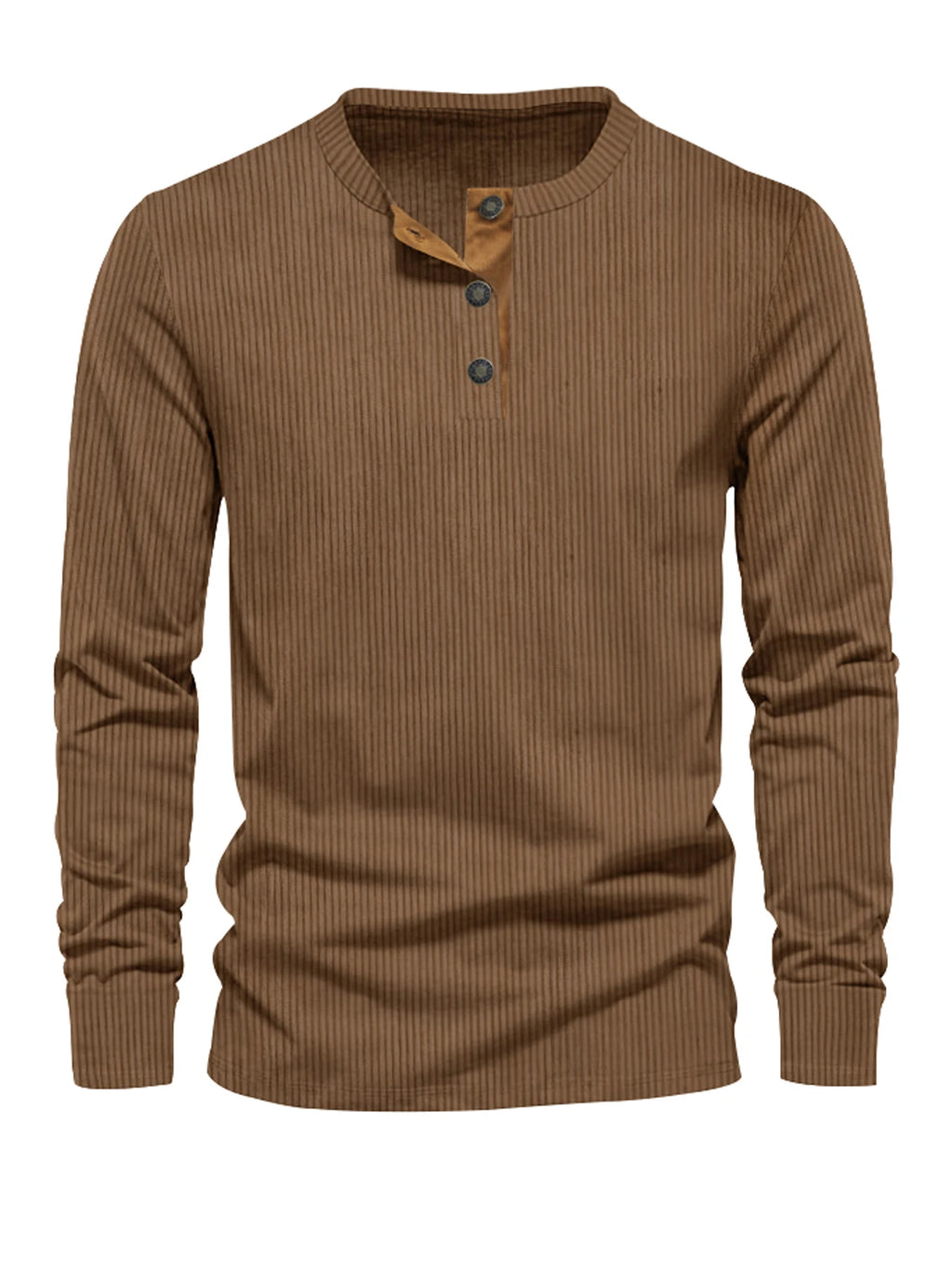 Men's Button Neck Long Sleeve Pullover Shirt with Ribbed Design