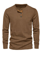 Men's Button Neck Long Sleeve Pullover Shirt with Ribbed Design