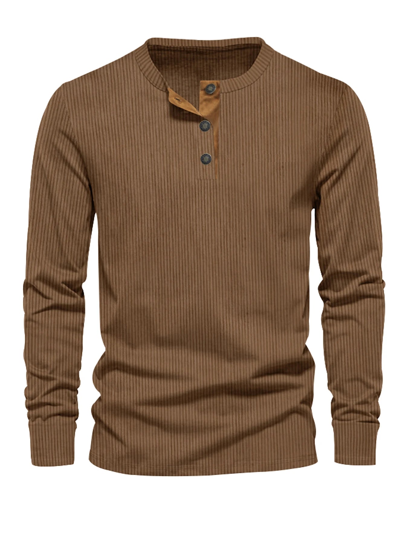 Men's Button Neck Long Sleeve Pullover Shirt with Ribbed Design