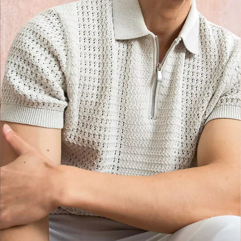 Mens Textured Knit Half Zip Polo