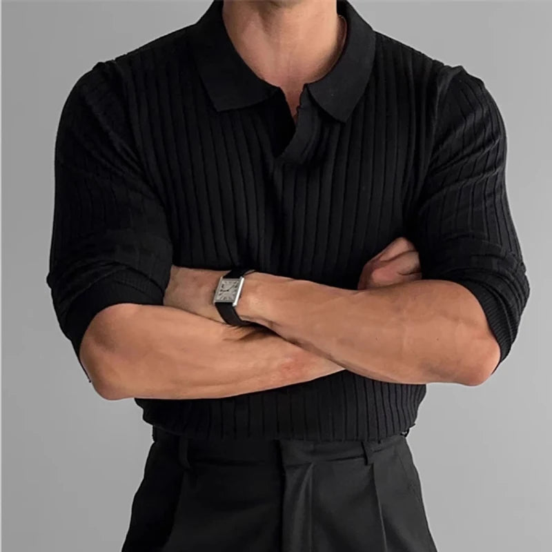 Ribbed Knit Polo Shirt Mens Top
