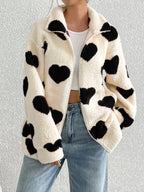 Women's Heart Print Zip Up Jacket – Long Sleeve Collared Casual Outerwear