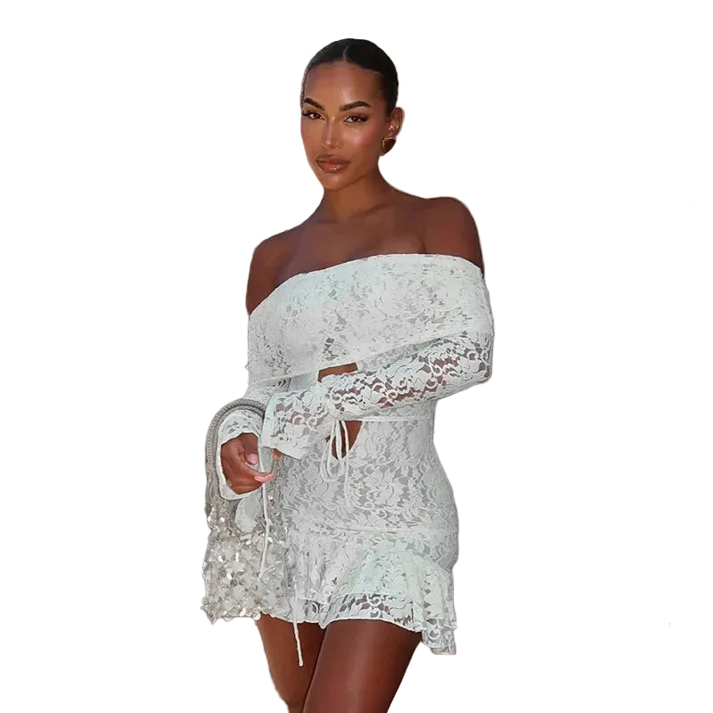 Women's Off Shoulder Lace Ruffle Mini Dress With Sleeves