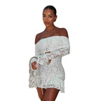 Women's Off Shoulder Lace Ruffle Mini Dress With Sleeves