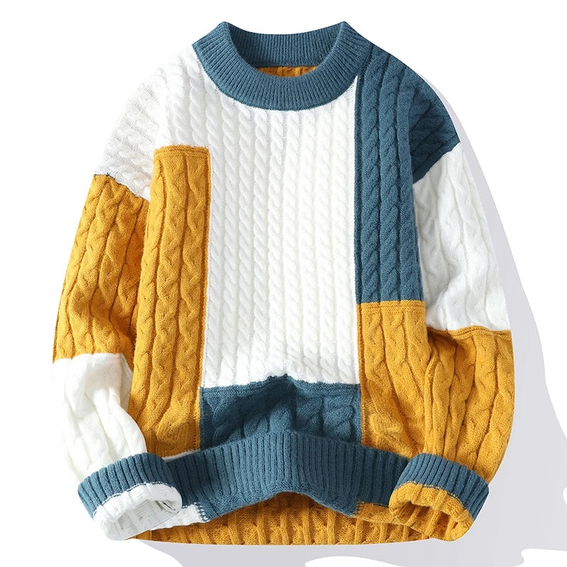 Men's Patchwork Knit Jumper with Cable Knit Panels