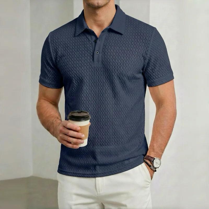Men's Textured Short Sleeve Polo Shirt with Button Placket