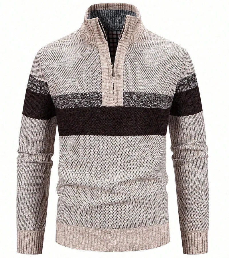 Men's Knitted Striped Quarter-Zip Jumper – Long Sleeve High Neck Pullover Sweater