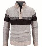 Men's Knitted Striped Quarter-Zip Jumper – Long Sleeve High Neck Pullover Sweater