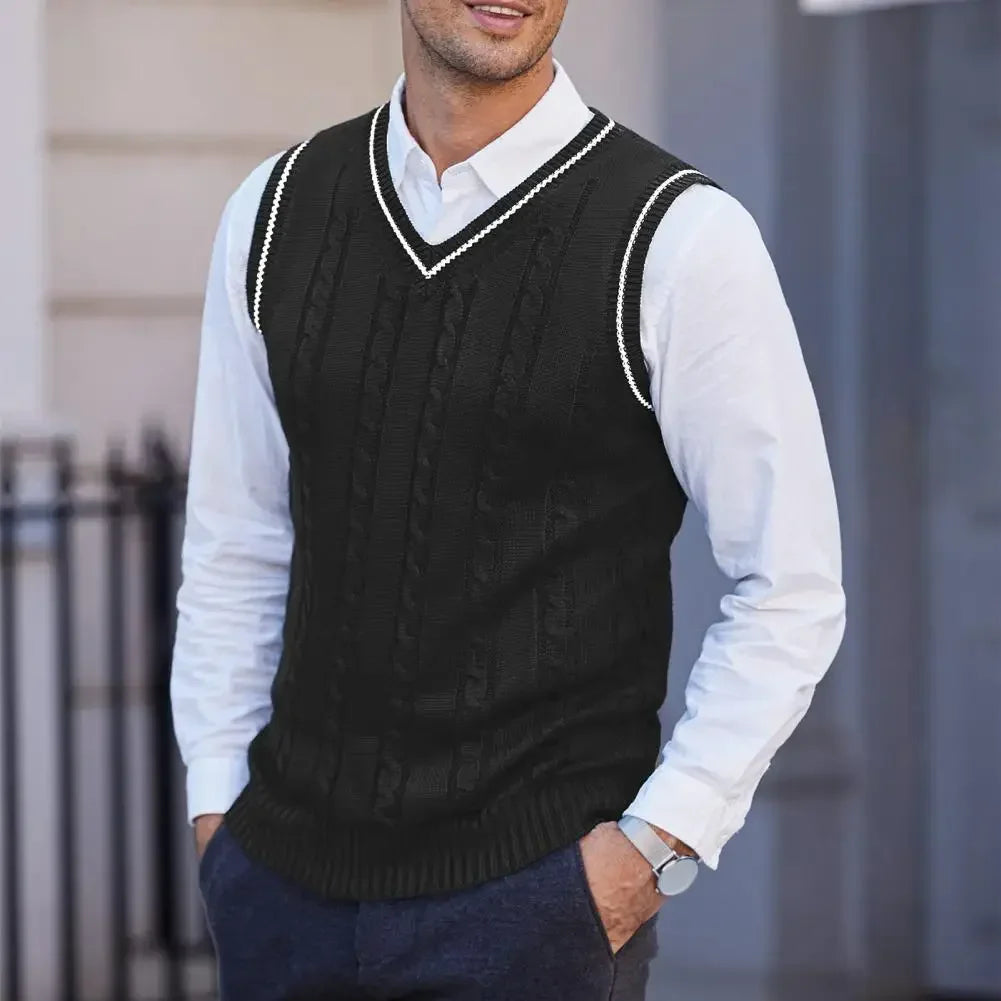 Men's Cable Knit Gilet with V Neck and Contrast Trim
