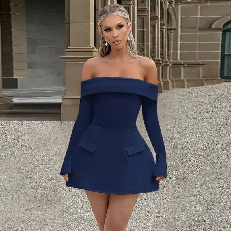 Long Sleeve Off Shoulder Skater Mini Dress