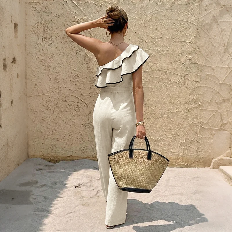 One Shoulder Ruffle Belted Jumpsuit