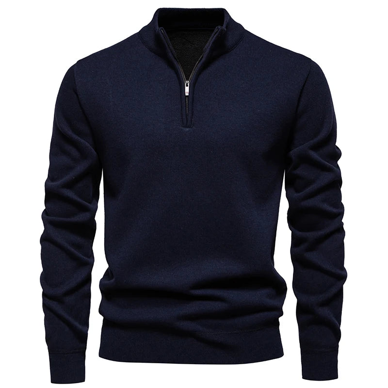 Men's Quarter Zip Knitted Jumper with Stand Collar Ribbed Cuffs
