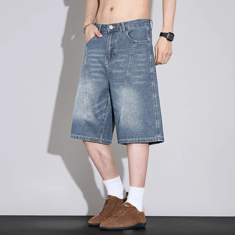 Men's Relaxed Wide Leg Denim Shorts with Washed Detail