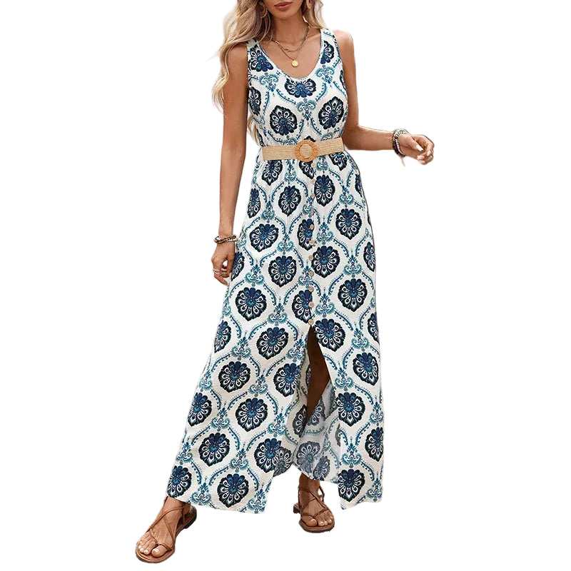 Women's Belted Printed Maxi Dress