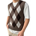 Men's Argyle Knit Gilet with V Neck Diamond Pattern