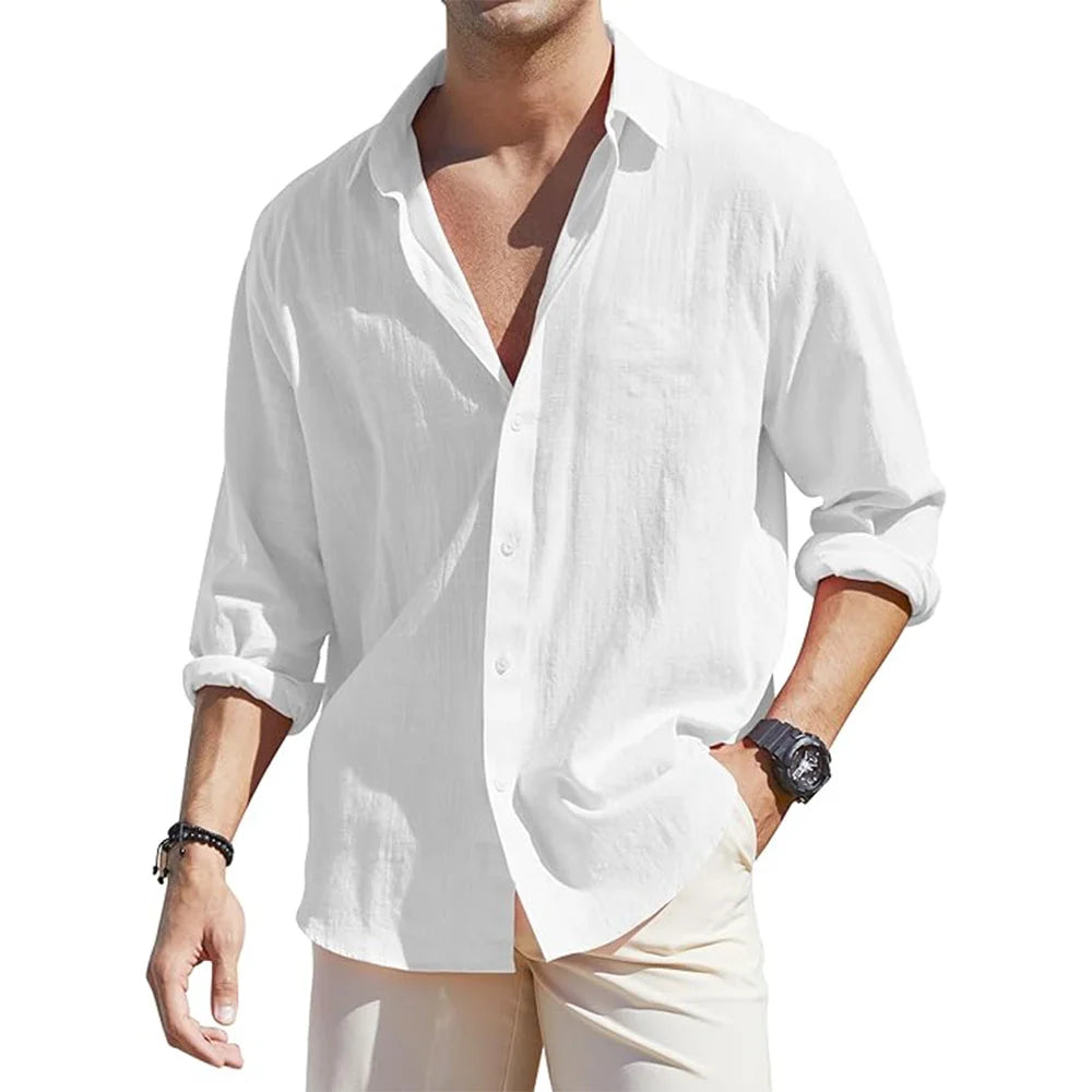 Men's Linen Blend Button Up Long Sleeve Collared Shirt