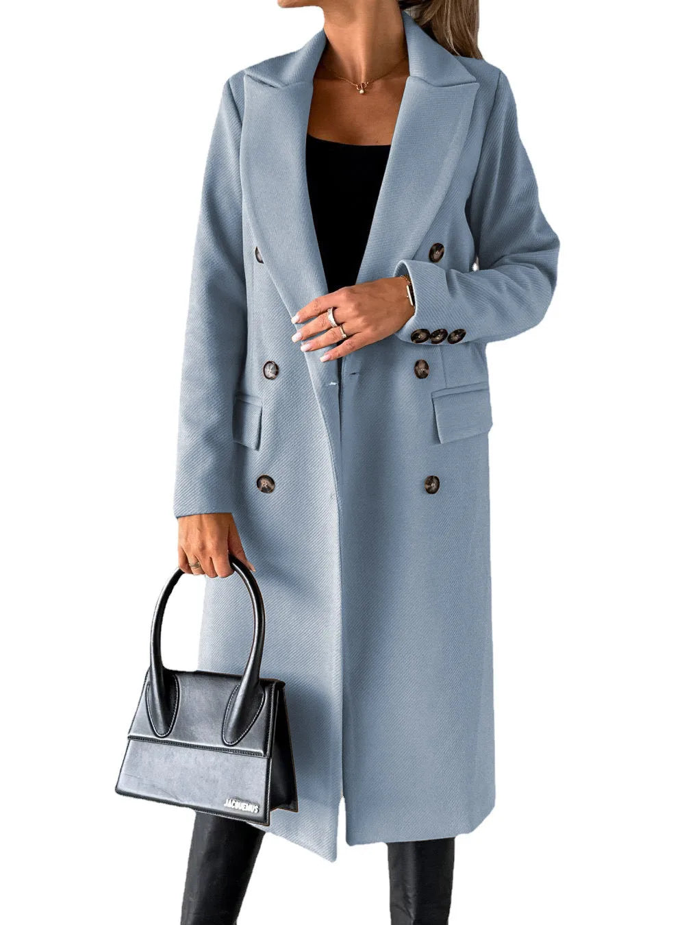 Women's Longline Double Breasted Coat – Long Sleeve Lapel Collar Button Front
