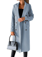 Women's Longline Double Breasted Coat – Long Sleeve Lapel Collar Button Front