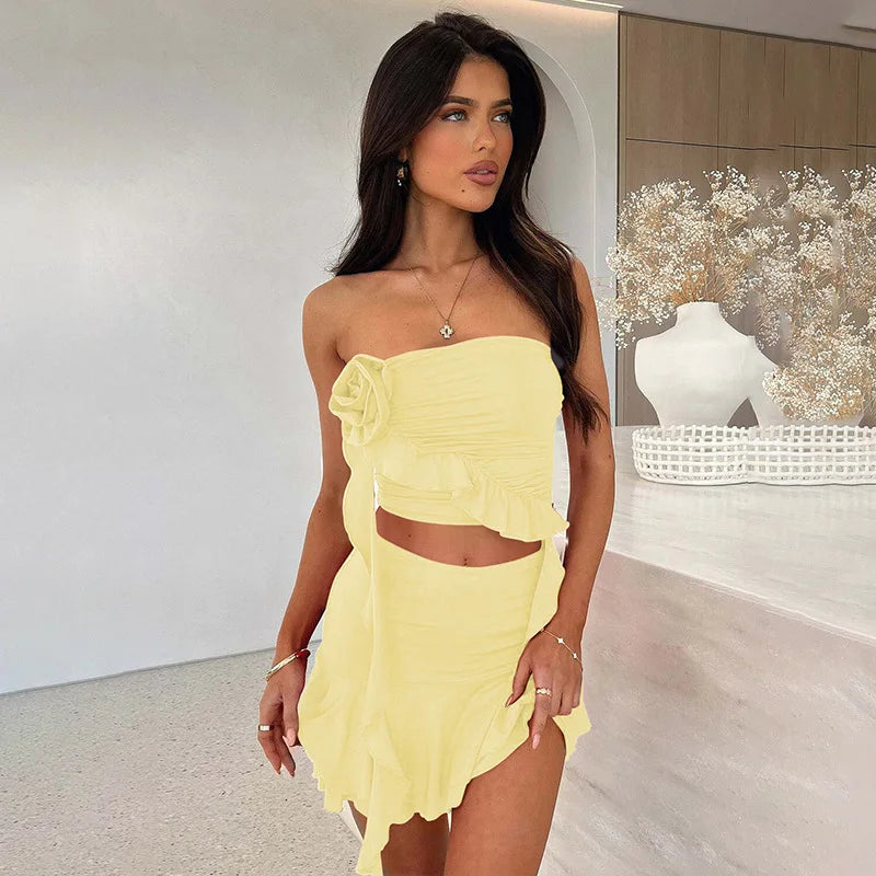 Women's Strapless Cutout Ruffle Mini Dress