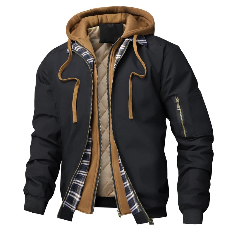 Men's Hooded Bomber Jacket – Full Zip Long Sleeve Jacket with Drawstring Hood