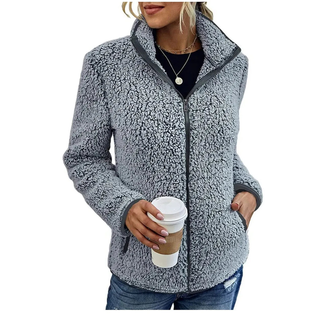 Women's Teddy Jacket – Full Zip High Collar Coat with Front Pockets