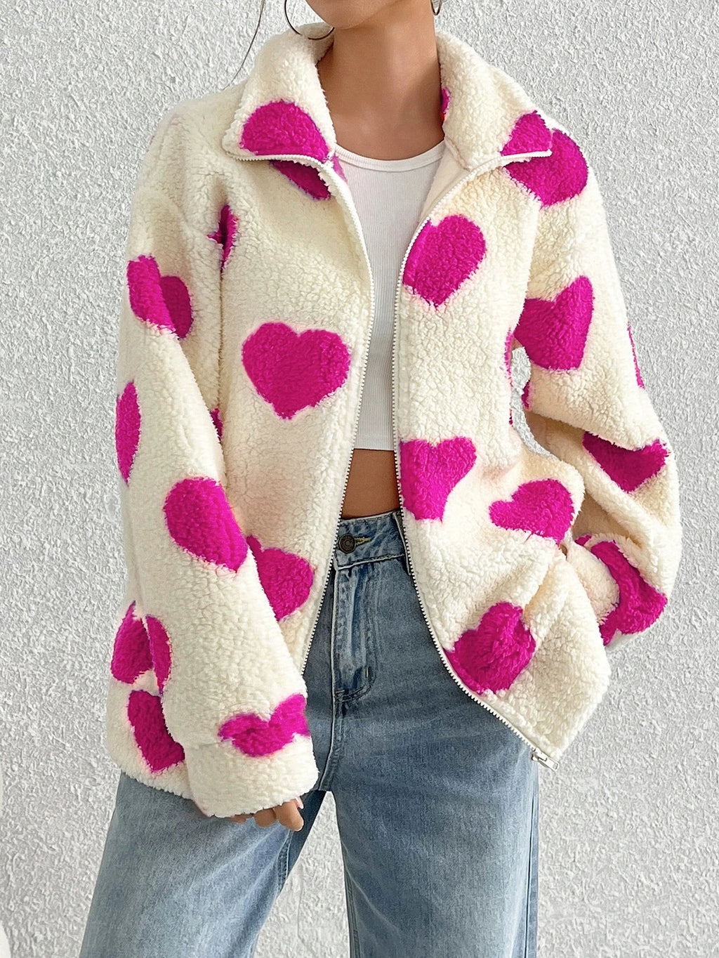Women's Heart Print Zip Up Jacket – Long Sleeve Collared Casual Outerwear