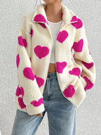 Women's Heart Print Zip Up Jacket – Long Sleeve Collared Casual Outerwear