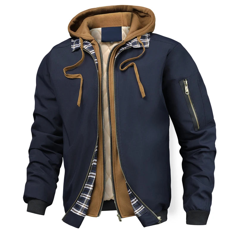 Men's Hooded Bomber Jacket – Full Zip Long Sleeve Jacket with Drawstring Hood