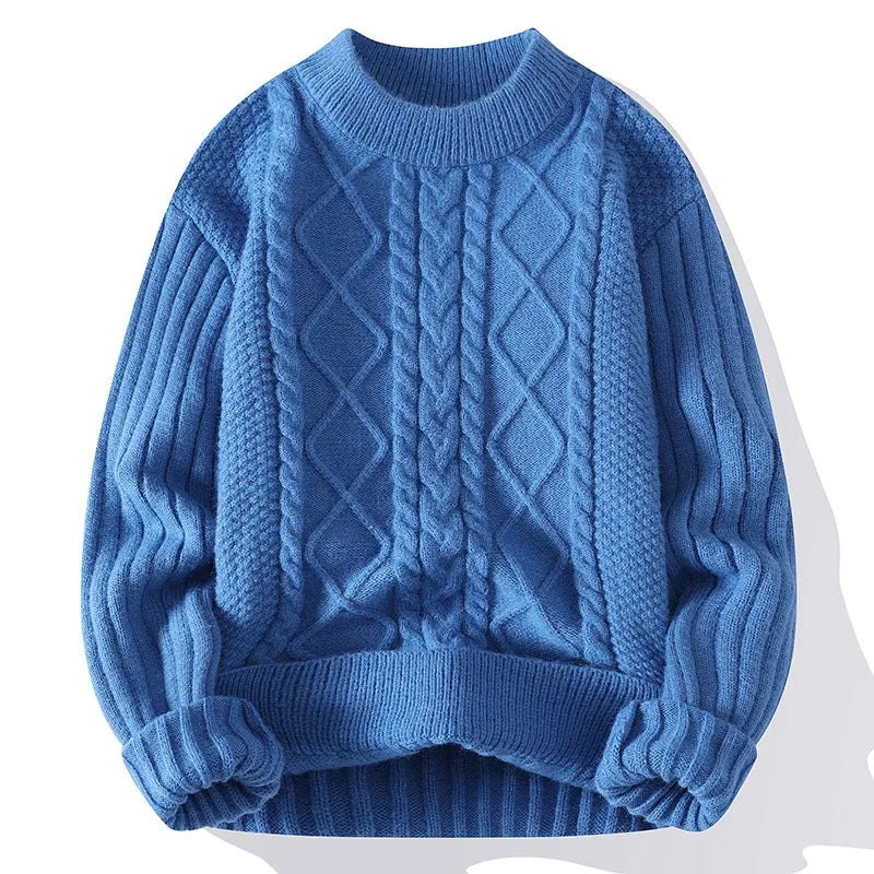 Men's Cable Knit Jumper with Textured Diamond Pattern and Ribbed Trims