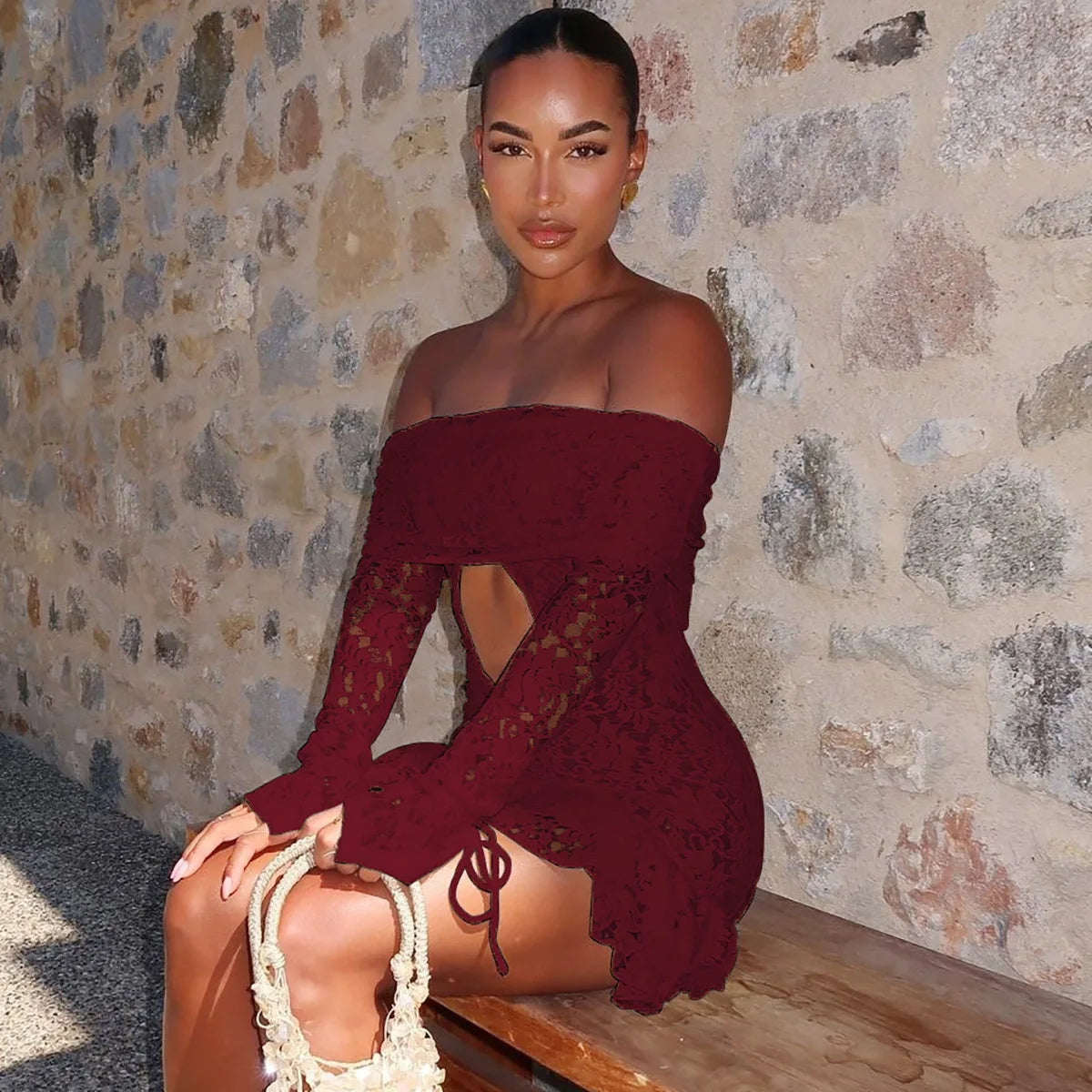 Women's Off Shoulder Lace Ruffle Mini Dress With Sleeves