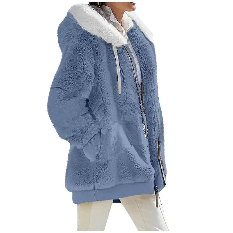 Women's Fleece Zip Up Teddy Coat – Hooded Plush Jacket for Cold Weather with Pockets