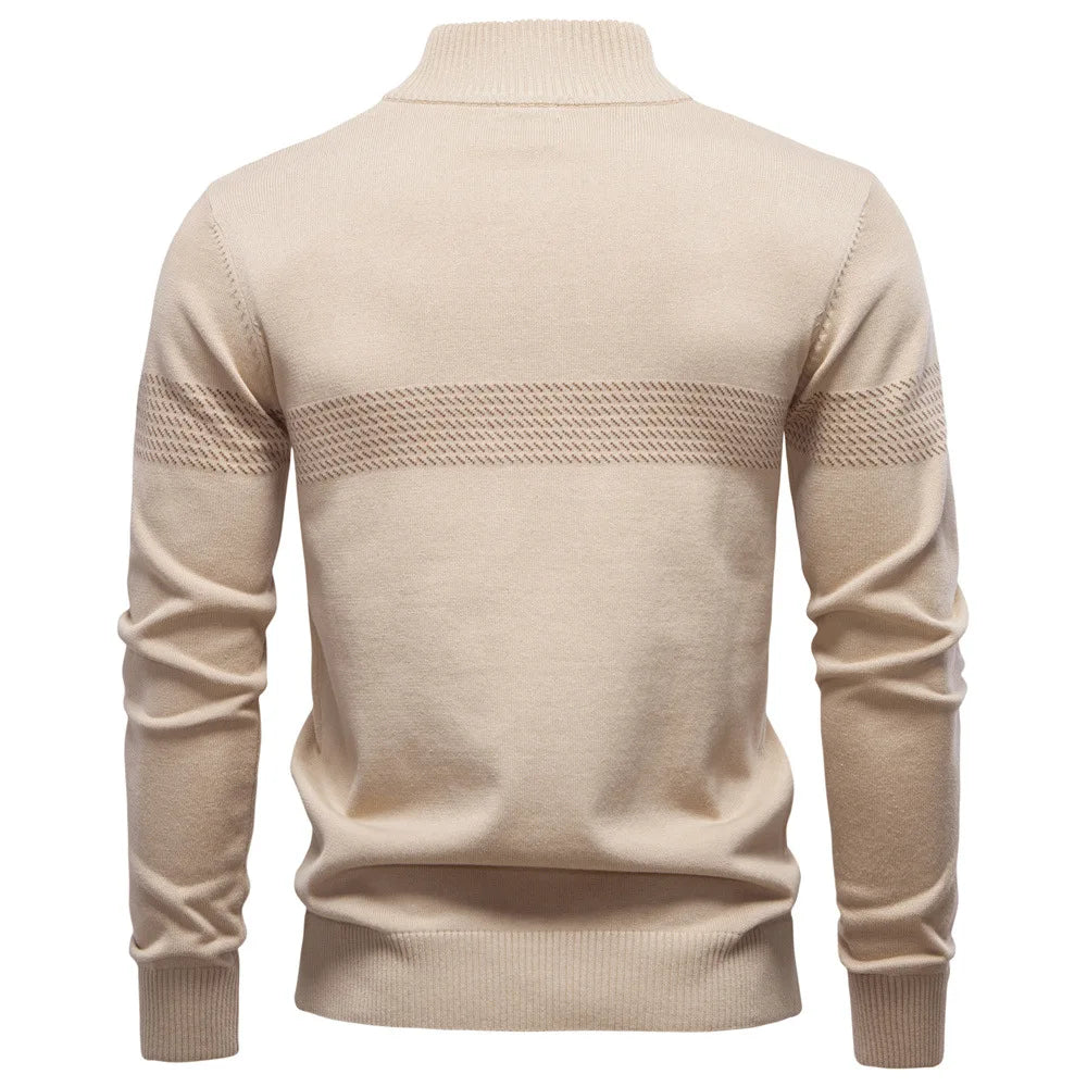 Men's Knitted Quarter-Zip Jumper with High Collar and Horizontal Striped Detail