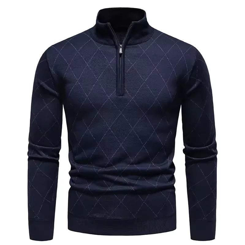 Men's Diamond Knit Sweater Quarter Zip Stand Collar