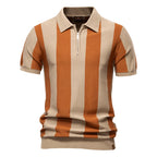 Men's Short Sleeve Striped Polo Shirt with Quarter Zip Collar