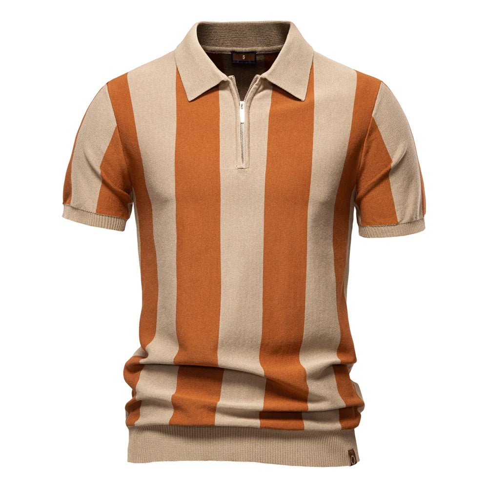 Men's Short Sleeve Striped Polo Shirt with Quarter Zip Collar
