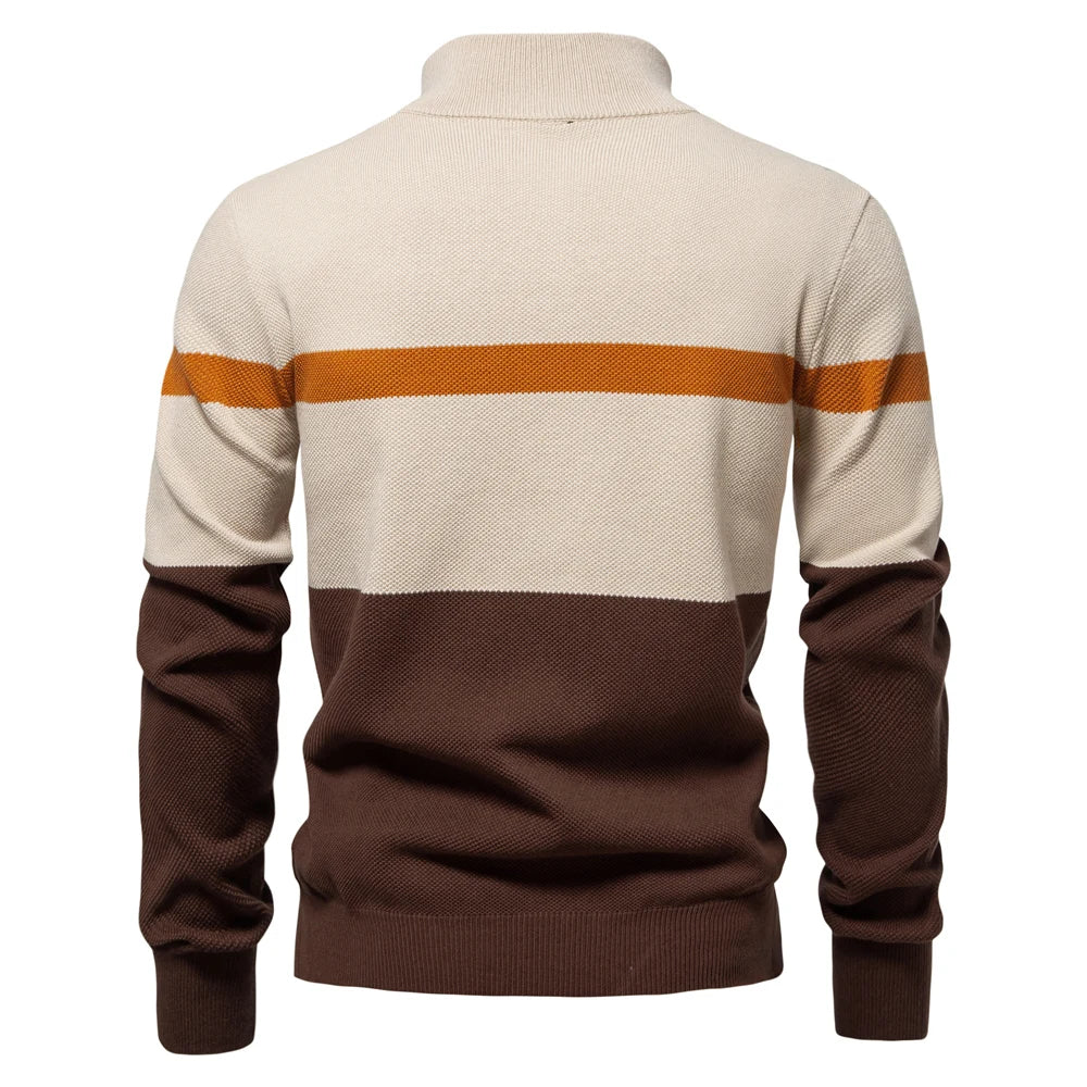 Men's Knitted Quarter-Zip Jumper with High Neck and Striped Colour-Block Design