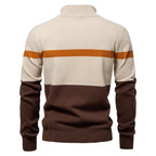 Men's Knitted Quarter-Zip Jumper with High Neck and Striped Colour-Block Design