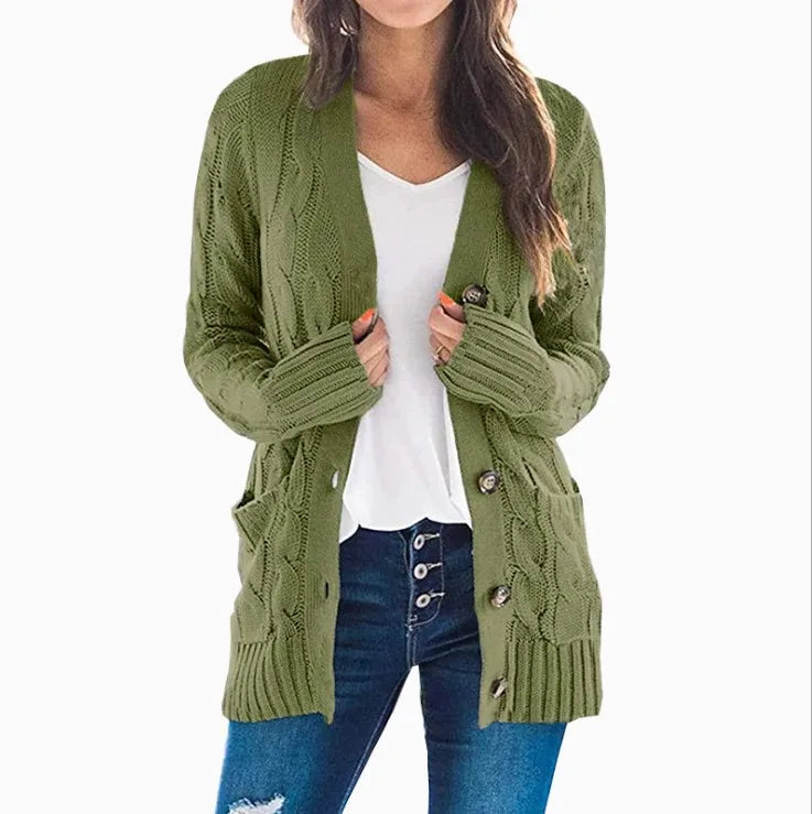 Women's Cable Knit Cardigan – Longline V Neck Button Front Sweater with Pockets