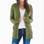 Women's Cable Knit Cardigan – Longline V Neck Button Front Sweater with Pockets